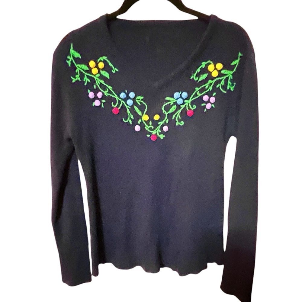Vintage Cottagecore Sweater V-neck Pompom Floral Flower 70s Multicolor Navy XS-S